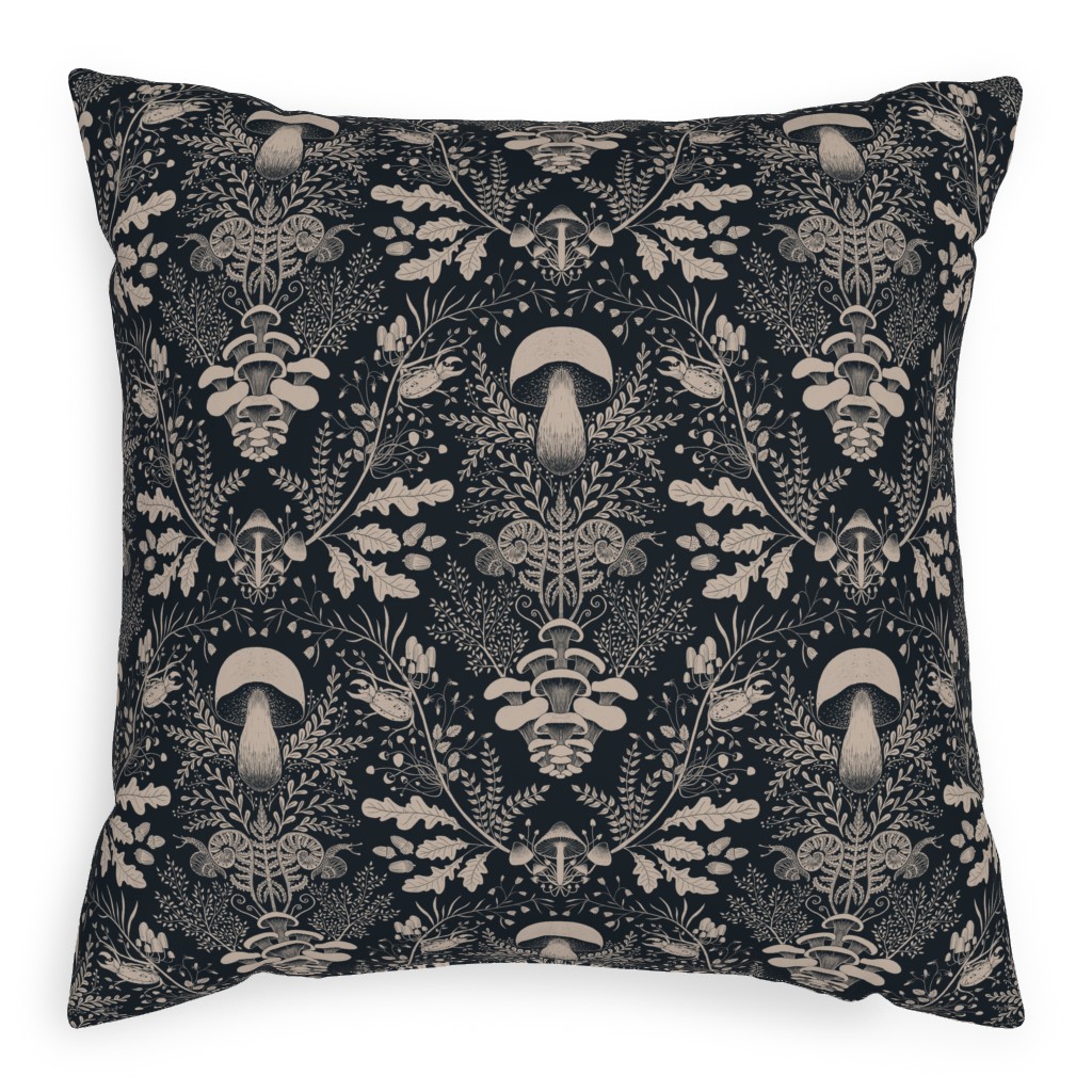 Mushroom Forest Damask - Dark Outdoor Pillow, 20x20, Double Sided, Black