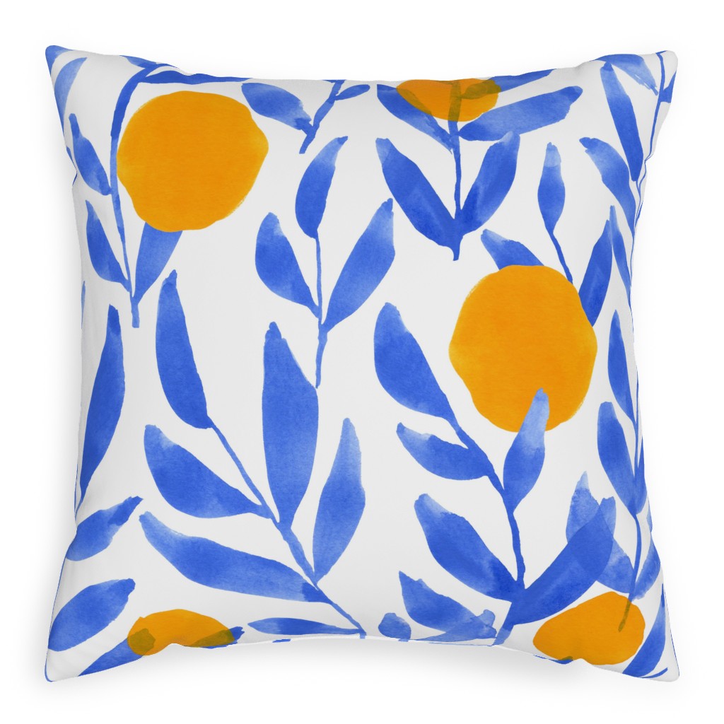 Modern Lemons Block - Blue and Orange Outdoor Pillow, 20x20, Double Sided, Blue