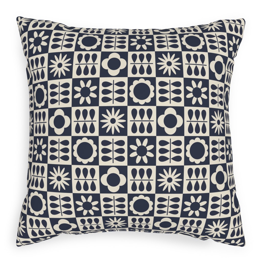 Scandinavian Checker Blooms - Off White and Navy Outdoor Pillow, 20x20, Double Sided, Black