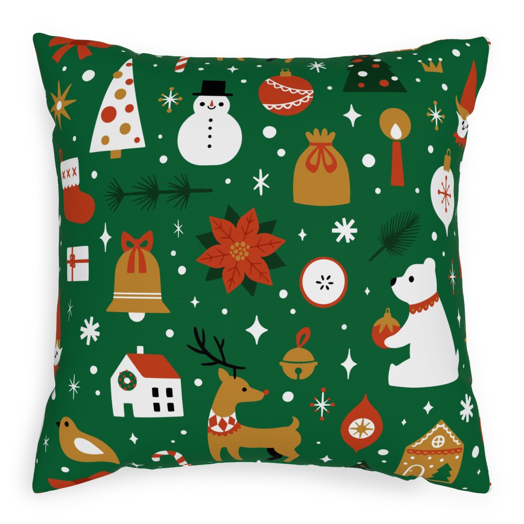 Traditional Christmas - Green Outdoor Pillow, 20x20, Double Sided, Multicolor