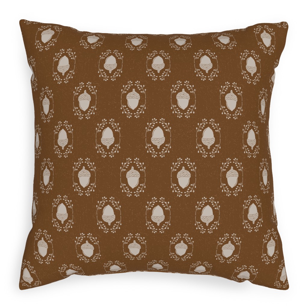 Autumn Acorn Rosehip Textured Damask Outdoor Pillow, 20x20, Double Sided, Brown