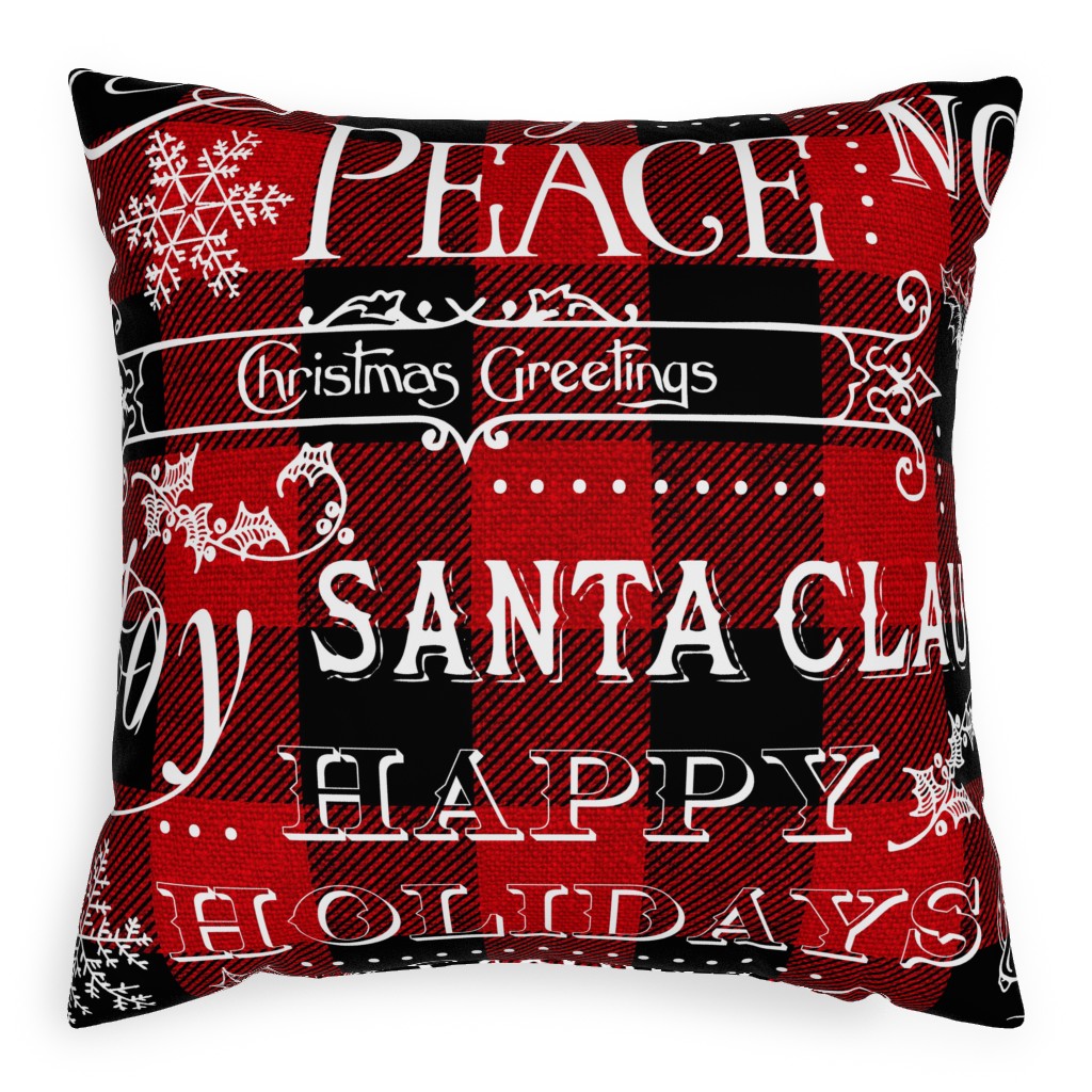 Buffalo Plaid Christmas Typography - Red and Black Outdoor Pillow, 20x20, Double Sided, Red