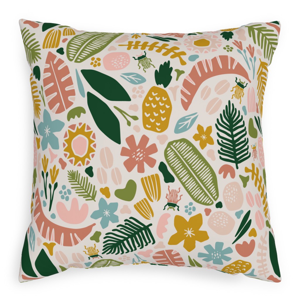 Tropical Adventure Woodcut - Multi Outdoor Pillow, 20x20, Double Sided, Multicolor