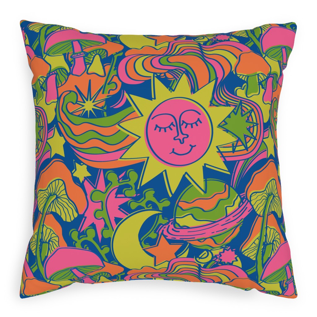 Psychedelic Daydream - Neon and Blue Outdoor Pillow, 20x20, Double Sided, Multicolor