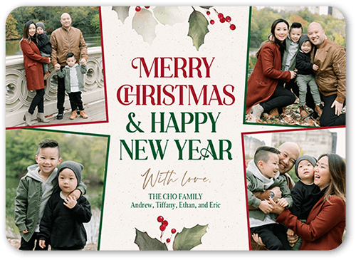 Holly Highlights Christmas Card, White, 5x7 Flat, Christmas, Standard Smooth Cardstock, Rounded