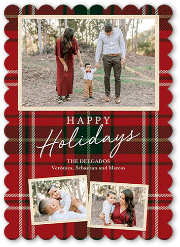 Tartan Wrapped Holiday Card, Red, 5x7 Flat, Holiday, Pearl Shimmer Cardstock, Scallop
