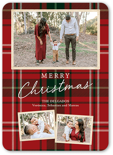 Tartan Wrapped Holiday Card, Red, 5x7 Flat, Christmas, Pearl Shimmer Cardstock, Rounded
