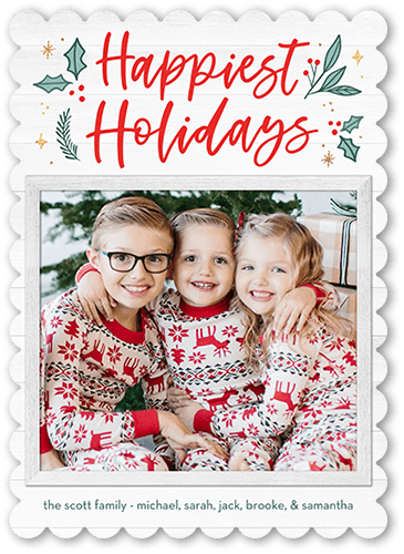 Holly Happenings Holiday Card, White, 5x7, Holiday, Signature Smooth Cardstock, Scallop