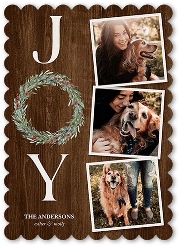 Laurel Of Joy Holiday Card, Brown, 5x7, Holiday, Pearl Shimmer Cardstock, Scallop