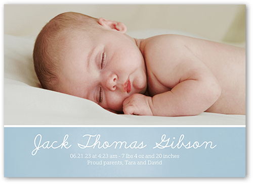 Softly Scripted Birth Announcement, Blue, 5x7 Flat, Pearl Shimmer Cardstock, Square