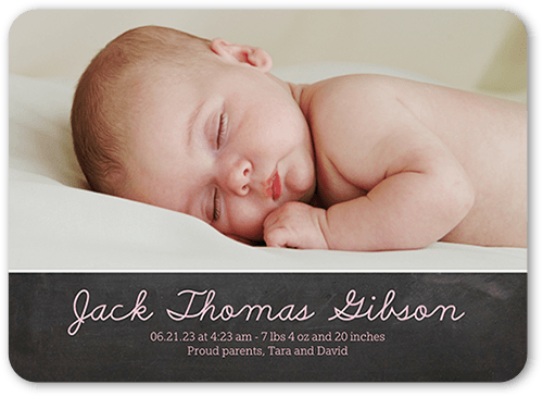Softly Scripted Birth Announcement, Black, 5x7 Flat, Pearl Shimmer Cardstock, Rounded