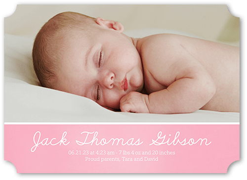 Softly Scripted Birth Announcement, Pink, 5x7, Pearl Shimmer Cardstock, Ticket