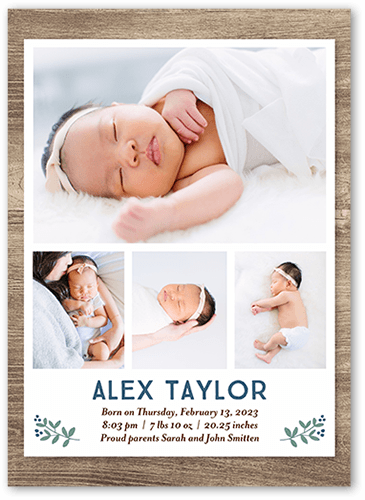 Timbered Gallery Birth Announcement, Blue, 5x7 Flat, Standard Smooth Cardstock, Square, Blue Suede