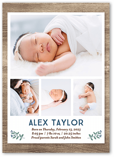 Timbered Gallery Birth Announcement, Blue, 5x7 Flat, Signature Smooth Cardstock, Square