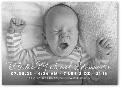 Light Script Birth Announcement, White, 5x7 Flat, Signature Smooth Cardstock, Square