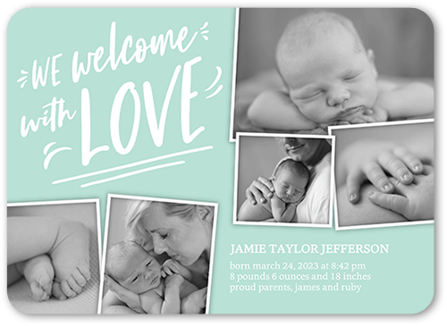 Fun Welcome Birth Announcement, Green, 5x7 Flat, Pearl Shimmer Cardstock, Rounded