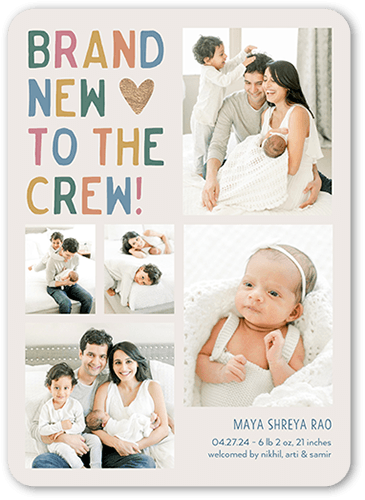 Brand New Crew Birth Announcement, Grey, 5x7 Flat, Pearl Shimmer Cardstock, Rounded