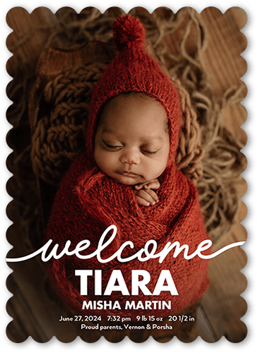 Welcome Script Birth Announcement, White, 5x7 Flat, Pearl Shimmer Cardstock, Scallop