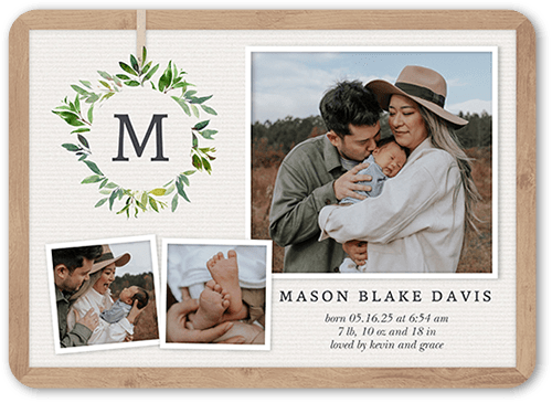 Botanical Monogram Birth Announcement, White, 5x7 Flat, Standard Smooth Cardstock, Rounded, White