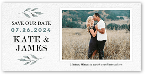 Soft Leaves Save The Date, Grey, 4x8 Flat, Pearl Shimmer Cardstock, Square, Ore