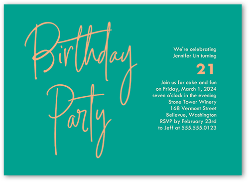 Handwritten Highlight Birthday Invitation, Green, 5x7 Flat, White, Pearl Shimmer Cardstock, Square