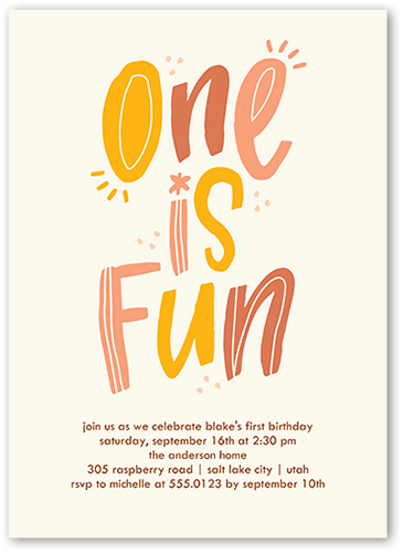 One Is Fun Birthday Invitation, Orange, 5x7 Flat, Luxe Double-Thick Cardstock, Square, Sunset