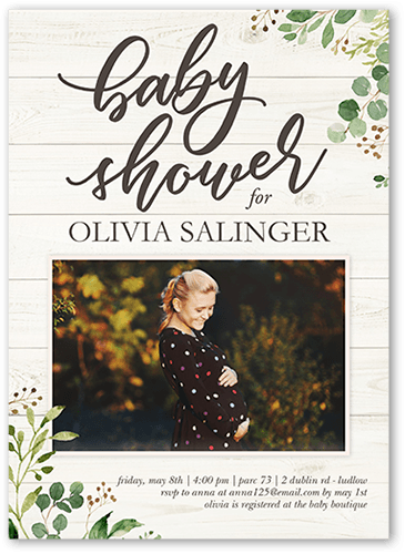 Wooden Floral Baby Shower Invitation, Beige, 5x7 Flat, Standard Smooth Cardstock, Square