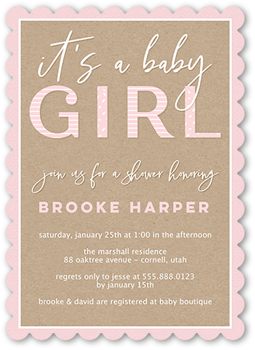 Classic Shower Girl Baby Shower Invitation, Pink, 5x7 Flat, Signature Smooth Cardstock, Scallop