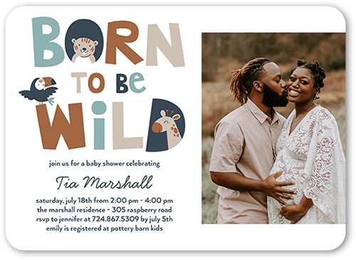 Born Wild Baby Shower Invitation, Blue, 5x7 Flat, Pearl Shimmer Cardstock, Rounded
