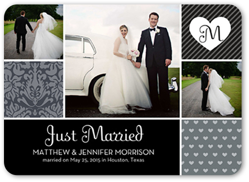 Patterned Initial Wedding Announcement, Black, Pearl Shimmer Cardstock, Rounded