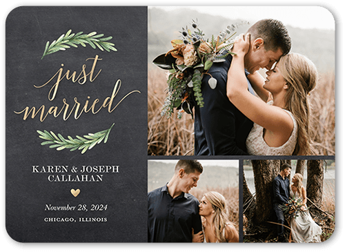 Bowed Greenery Wedding Announcement, Grey, 5x7 Flat, Pearl Shimmer Cardstock, Rounded