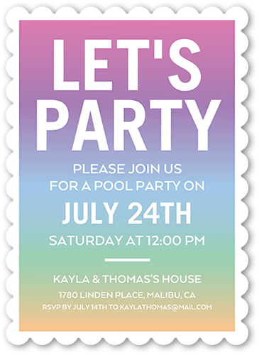 Colorful Pool Party Summer Invitation, Blue, 5x7 Flat, Pearl Shimmer Cardstock, Scallop