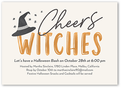Cheers Witches Halloween Invitation, Beige, 5x7 Flat, Luxe Double-Thick Cardstock, Square