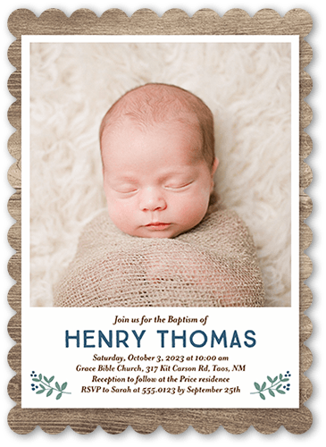 Rustic Family Boy Baptism Invitation, Beige, 5x7 Flat, Signature Smooth Cardstock, Scallop