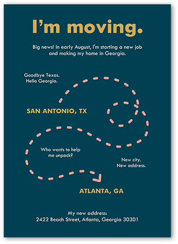 Moving Map Moving Announcement, Blue, 5x7 Flat, Write Your Own Greeting, Luxe Double-Thick Cardstock, Square