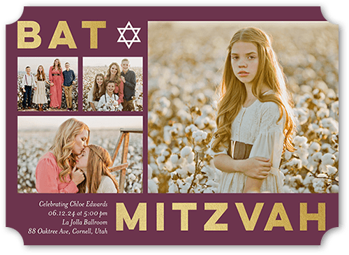 Bold Block Gallery Bat Mitzvah Invitation, Purple, 5x7 Flat, Signature Smooth Cardstock, Ticket