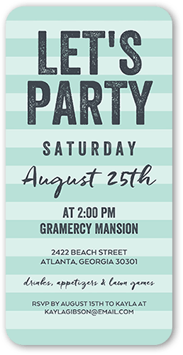 Striped Bash Party Invitation, Green, 4x8 Flat, Standard Smooth Cardstock, Rounded