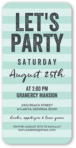 Striped Bash Party Invitation, Green, 4x8 Flat, Standard Smooth Cardstock, Rounded, Mint