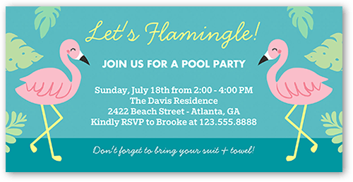 Lets Flamingle Summer Invitation, Blue, 4x8 Flat, Pearl Shimmer Cardstock, Square, Majorca