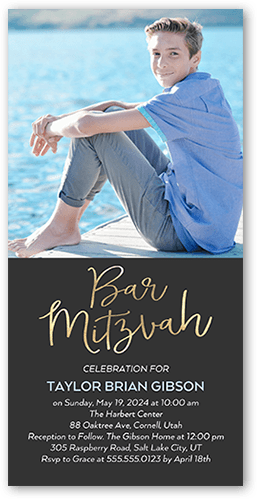 Bold Whimsy Bar Mitzvah Invitation, Grey, 4x8 Flat, Signature Smooth Cardstock, Square
