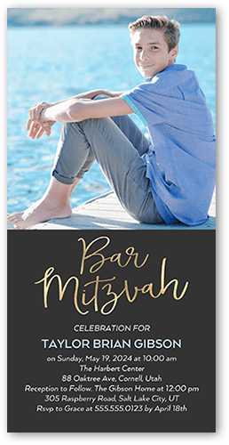 Bold Whimsy Bar Mitzvah Invitation, Grey, 4x8 Flat, Signature Smooth Cardstock, Square, Charcoal