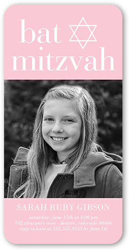 Bright Block Bat Mitzvah Invitation, Pink, 4x8 Flat, 100% Recycled Cardstock , Rounded, Blushing