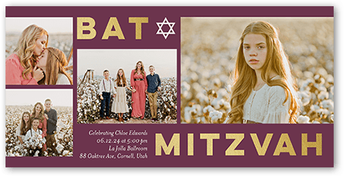 Bold Block Gallery Bat Mitzvah Invitation, Purple, 4x8 Flat, Standard Smooth Cardstock, Square