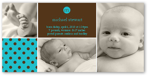 Andante Dots Cerulean Birth Announcement, Brown, 100% Recycled Cardstock ?, Square