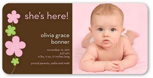 Flower Power Pink Birth Announcement, Brown, Pearl Shimmer Cardstock, Rounded