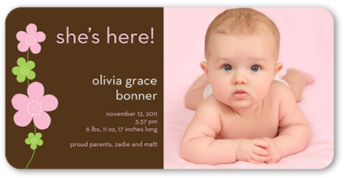 Flower Power Pink Birth Announcement, Brown, Standard Smooth Cardstock, Rounded