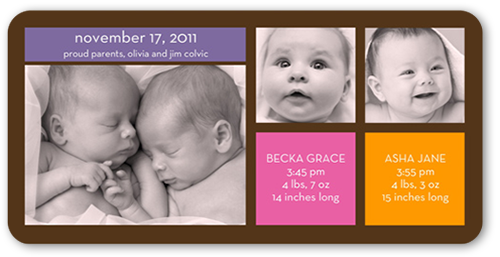 Modern Twin Girls Birth Announcement, Multicolor, Standard Smooth Cardstock, Rounded