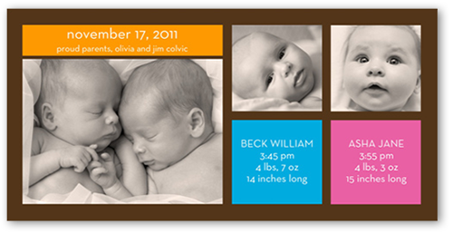 Modern Twins Birth Announcement, Multicolor, Signature Smooth Cardstock, Square