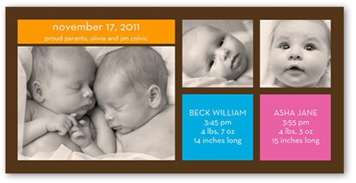 Modern Twins Birth Announcement, Multicolor, Standard Smooth Cardstock, Square