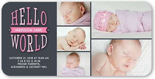 Hello Newborn Girl Birth Announcement, Gray, Pearl Shimmer Cardstock, Rounded